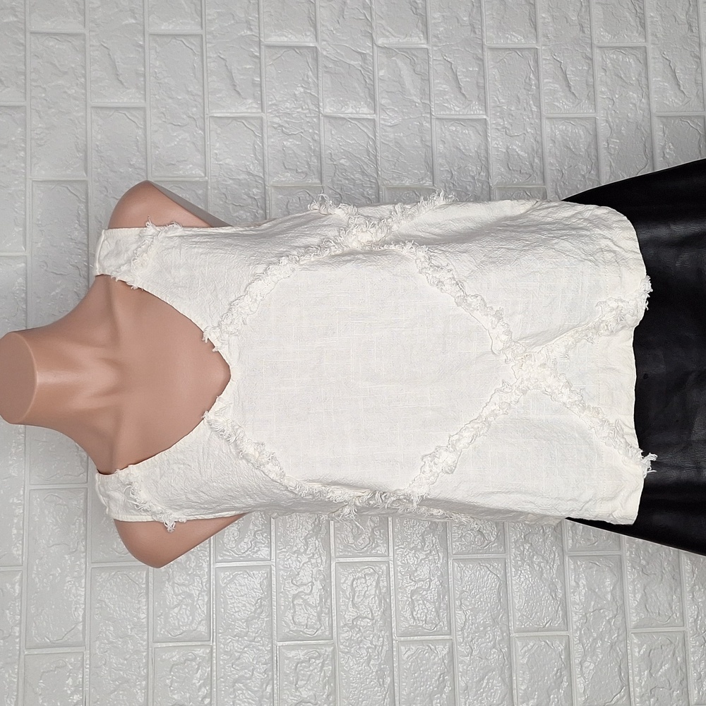 ANTHROPOLOGIE HD In Paris Sleeveless Tank Top Ivory Cross Hatch Fringe Linen